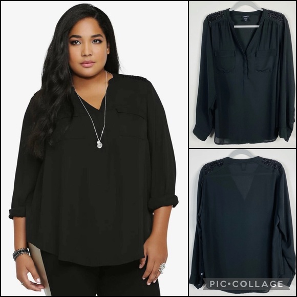 Torrid Beaded Shoulder Harper Georgette Long Sleeve Pullover Popover Blouse Top - Picture 1 of 8